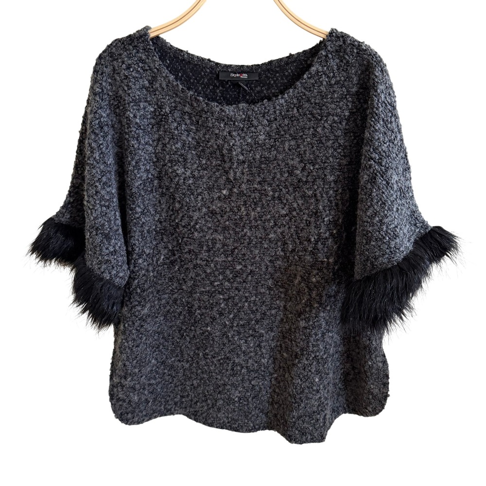 Style & Co Woman 2X Charcoal Grey Boucle Knit Sweater Faux Fur Trim Short Sleeve